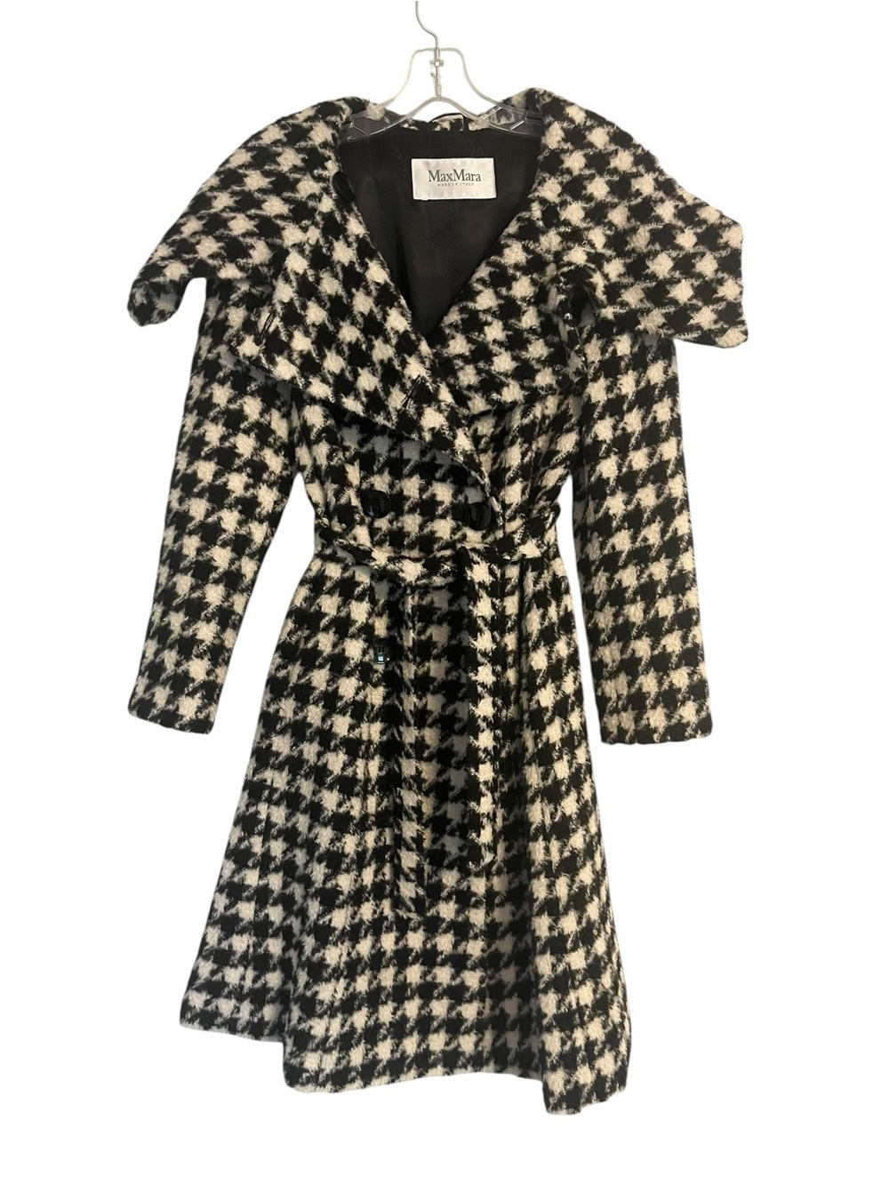 Max Mara Houndstooth Wool Alpaca Belted Coat Italy Black Ivory Size 2 - Fits 4-6